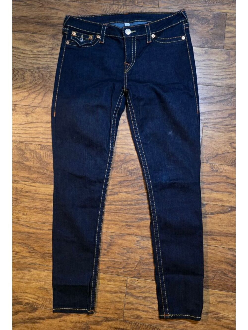 True Religion Womens 32 Dark Wash Legging Flap Pocket Skinny Jeans Big T Stitch